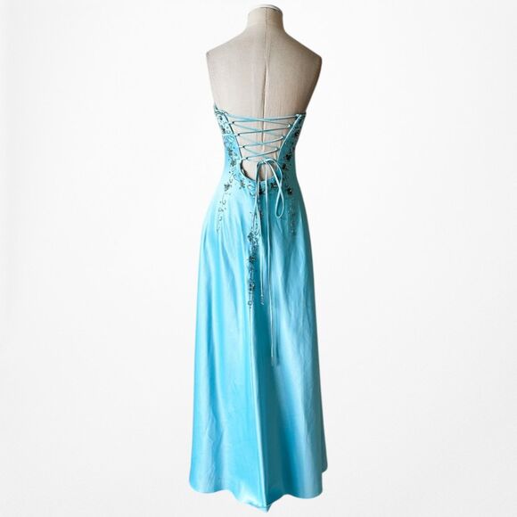Vintage Y2K Pastel Blue Strapless Floral Beaded Satin Maxi Prom Dress Size S - Picture 10 of 14